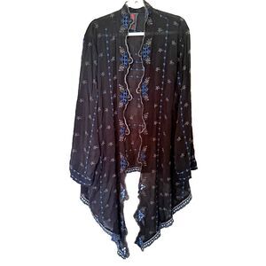 Johnny Was Black Embroidered Cascade Front Kimono Boho Open Layer Jacket Sz XXL?